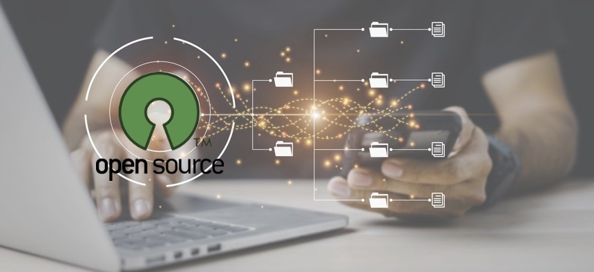 Logotipo da Open Source Initiative sobreposto a um diagrama de compartilhamento de informações on-line