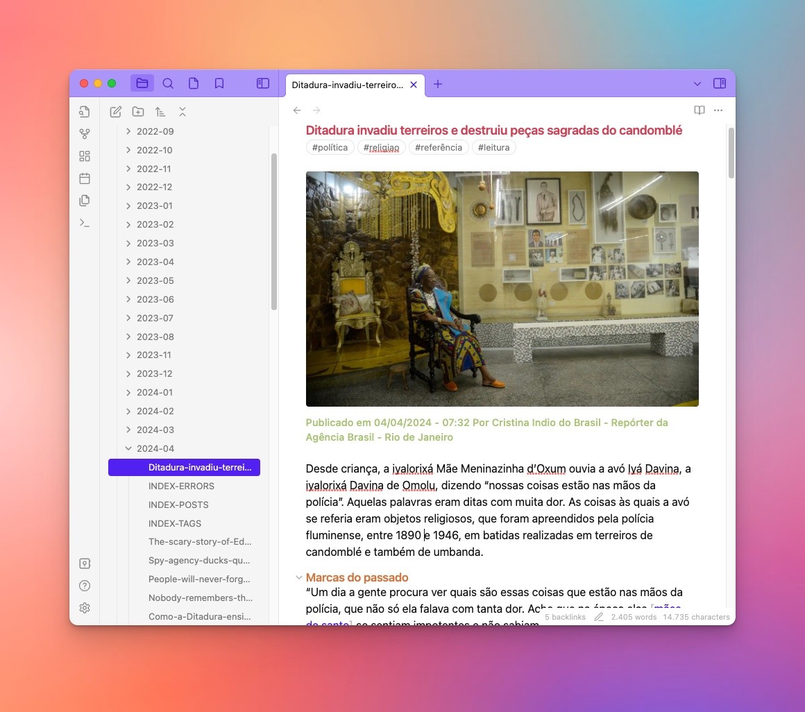Janela do Obsidian mostrando um artigo com versão personalizada do tema Minimal, com colorização de títulos ativada.