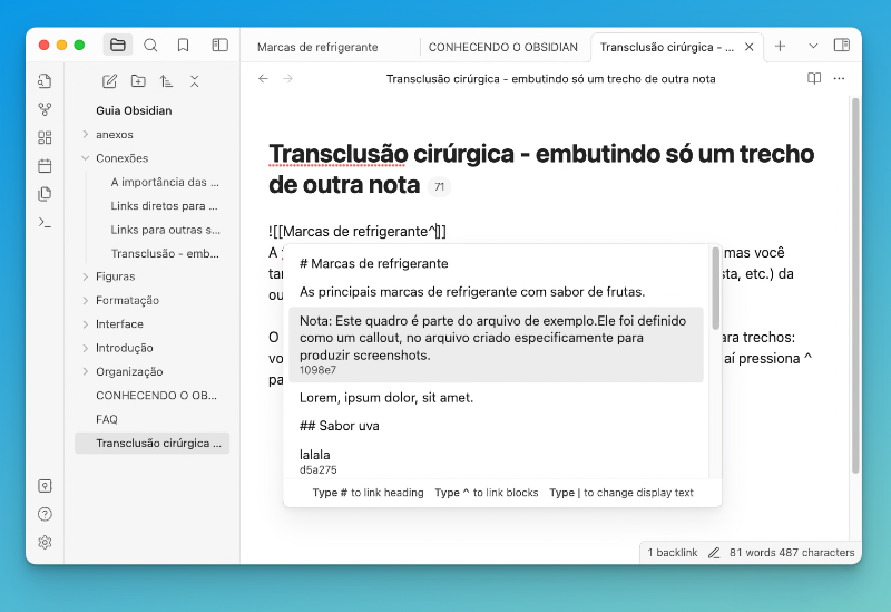 Janela do Obsidian mostrando o menu de seleção de trechos de uma outra nota 
