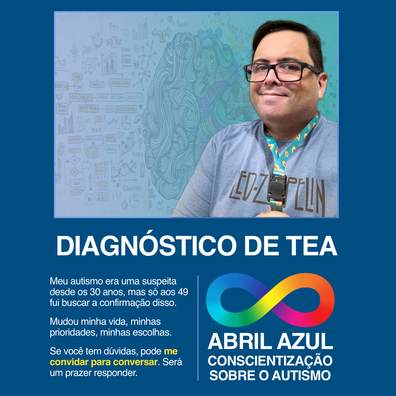 Banner do Abril Azul (conscientização sobre o autismo) com foto minha usando um cordão de girassol, e o título “Diagnóstico de TEA“. O texto diz: “Meu autismo era uma suspeita desde os 30 anos, mas só aos 49 fui buscar a confirmação disso. Mudou minha vida, minhas prioridades, minhas escolhas. Se você tem dúvidas, pode me convidar para conversar. Será um prazer responder.“