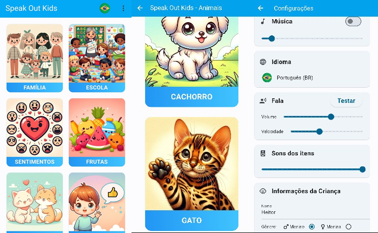 Telas de categorias, de itens e de configuração do app Speak Out Kids