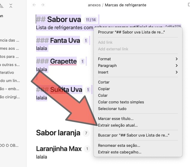 Janela de edição do Obsidian mostrando o menu de contexto de uma seleção, com uma seta apontando a opção de extração. 