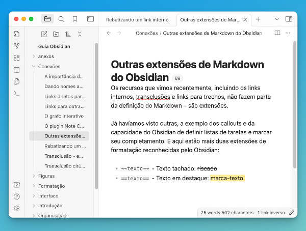 Janela de edição do Obsidian mostrando exemplo de texto tachado e em destaque. 