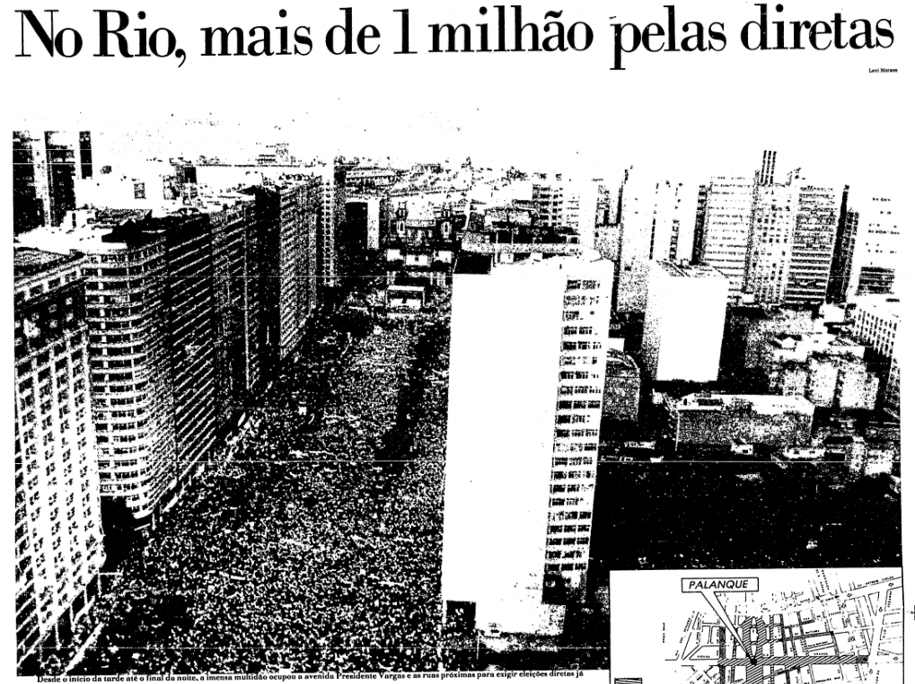Manchete da Folha, com foto aérea da multidão e o título: No Rio, mais de 1 milhão pelas Diretas.