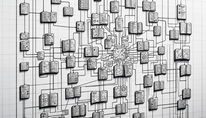 Representação artística de dezenas de anotações interconectadas e formando ideias 