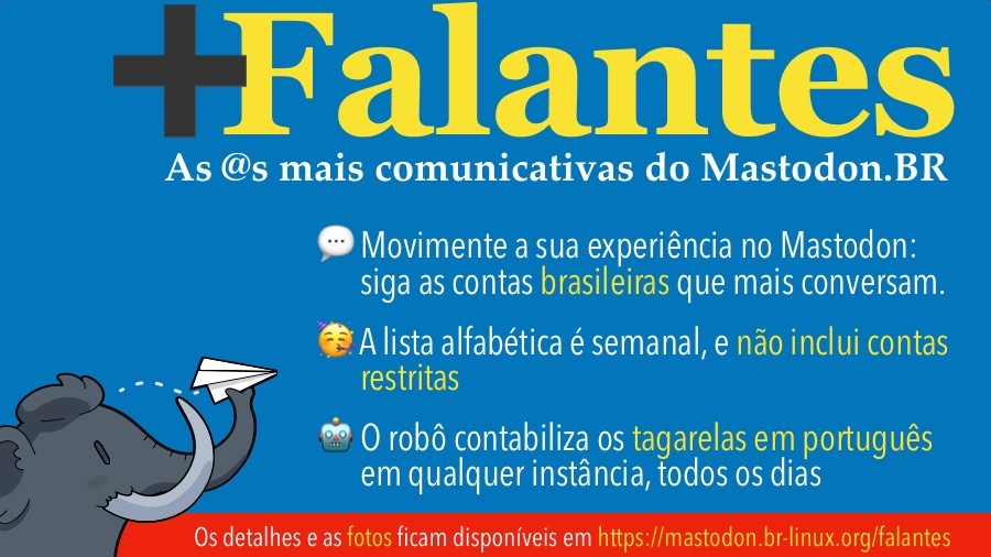 Banner dos Mais Falantes do Mastodon, com o texto:<br><br>+Falantes<br>As @s mais comunicativas do Mastodon no Brasil<br>• Movimente a sua experiência no Mastodon: siga as contas brasileiras que mais conversam.<br>• A lista alfabética é semanal, e não inclui contas restritas<br>• O robô contabiliza os tagarelas em português em qualquer instância, todos os dias<br>Os detalhes e as fotos ficam sempre disponíveis em https://mastodon.br-linux.org/falantes/<br>
