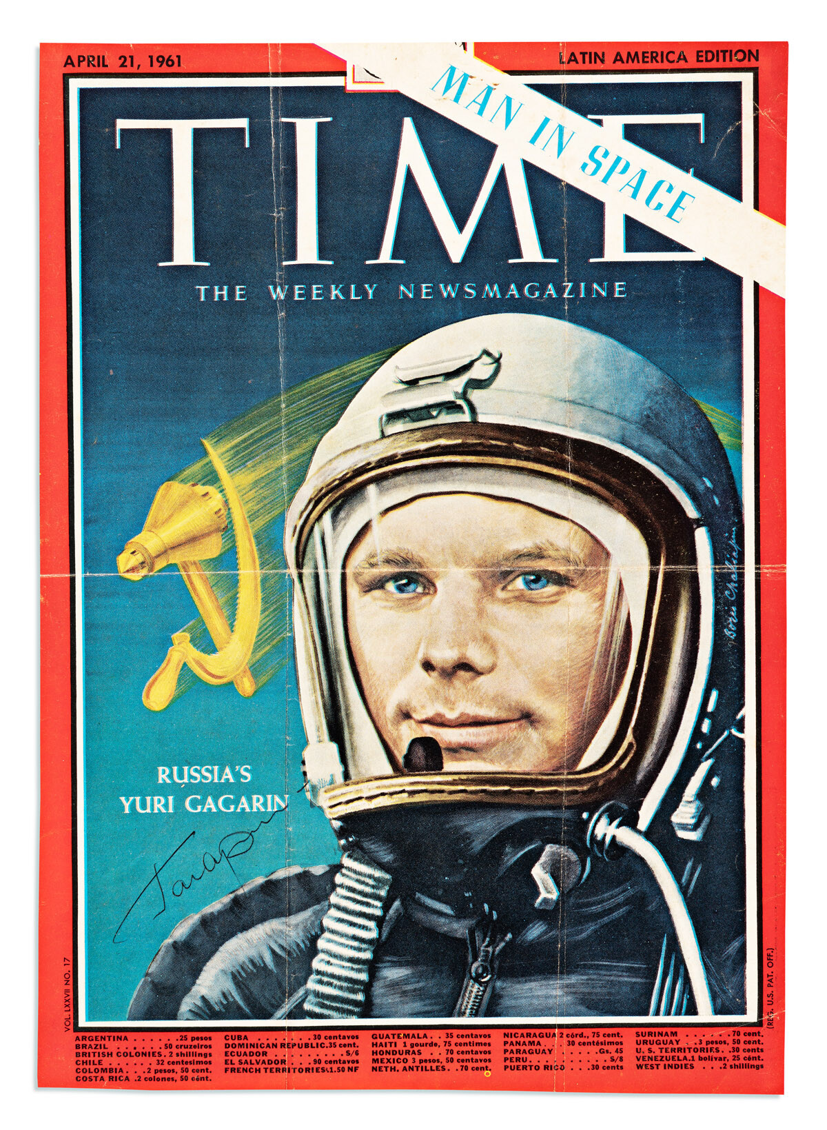 Autógrafo de Gagarin na capa da revista Time que noticiou seu feito