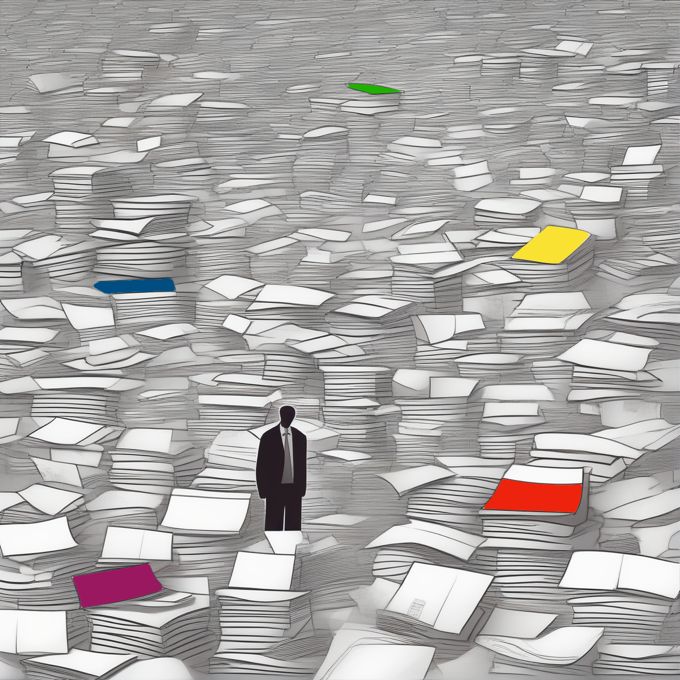 Ilustração mostra a silhueta de uma pessoa em meio a uma infinidade de pilhas de papeis, alguns deles em cores diferentes, mas a maioria sem cor 