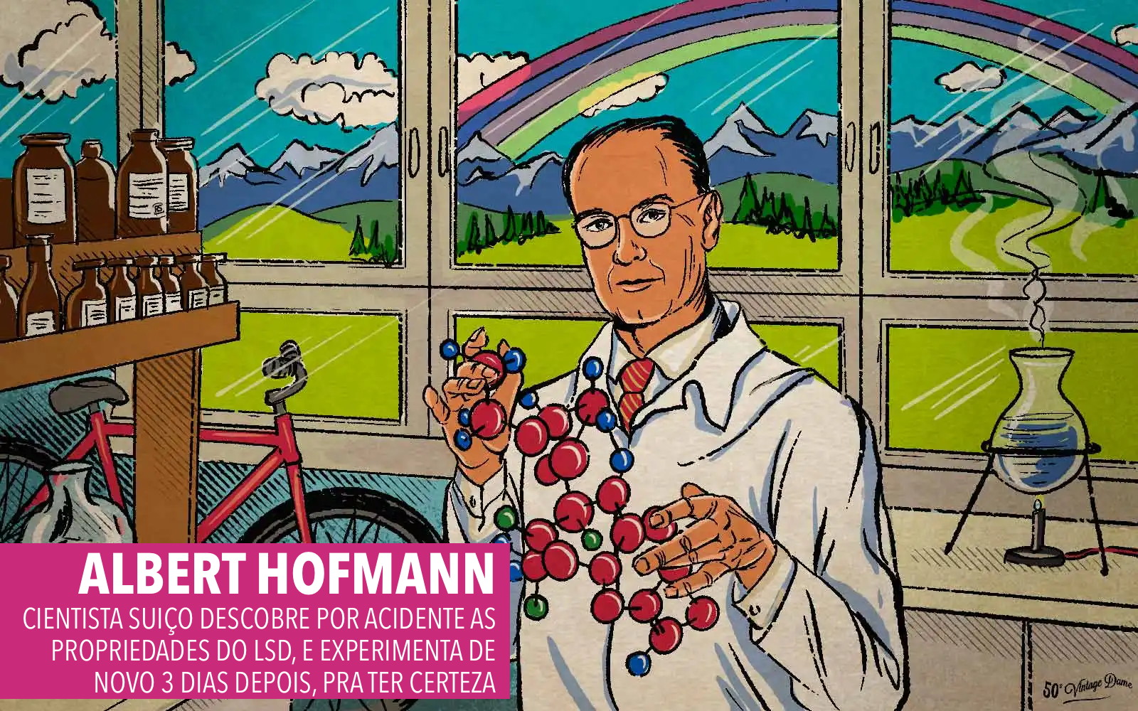 Ilustração de Albert Hofmann em seu laboratório químico