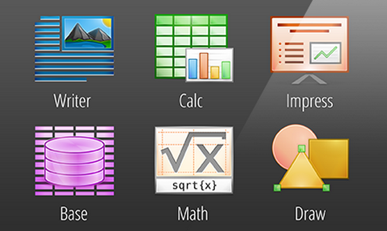 Ícones de 6 componentes do LibreOffice, incluindo Writer, Calc e Impress.