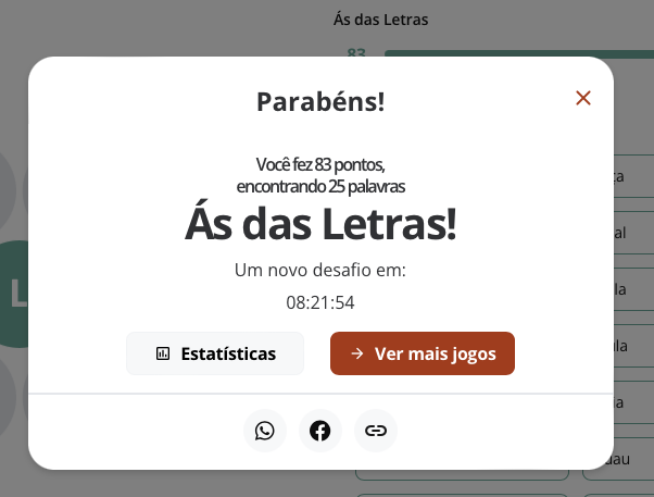 Janela de resultado do jogo Soletra, dizendo:<br><br>Parabéns!<br><br>Você fez 83 pontos, encontrando 25 palavras<br><br>Ás das Letras!