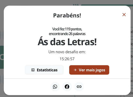 Banner de resultado do jogo Soletra, dizendo:<br><br>Parabéns!<br>Você fez 119 pontos, encontrando 26 palavras<br>Ás das Letras!