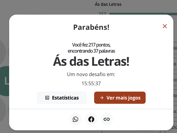 Banner de resultado do Soletra dizendo:<br><br>Parabéns!<br>Você fez 217 pontos, encontrando 37 palavras<br>Ás das Letras!