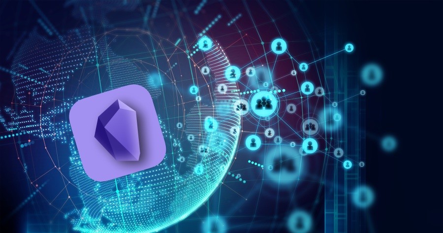 Ícone do Obsidian aplicado a uma representação artística da web 