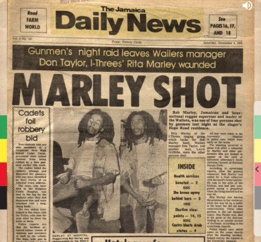 capa de jornal da Jamaica com a manchete 'Marley Shot'