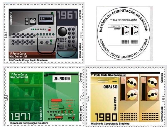 A série lançada pelos Correios em 2018. Em sentido horário: o selo do Zezinho, o carimbo de primeiro dia de circulação, o selo do Cobra 530 e o do Patinho Feio 