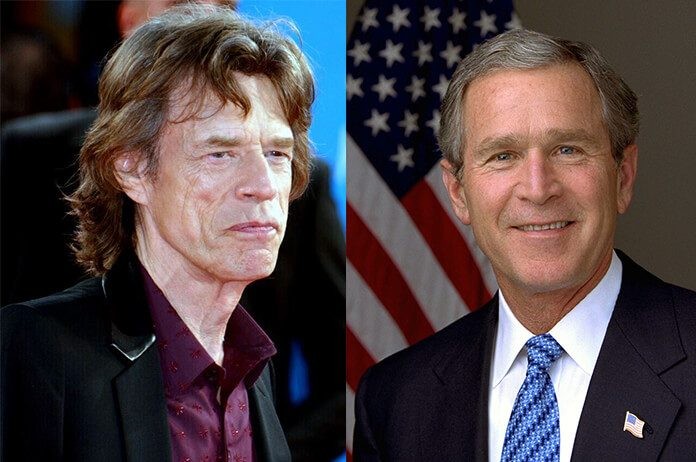 Colagem com fotos de Mick Jagger e George W. Bush