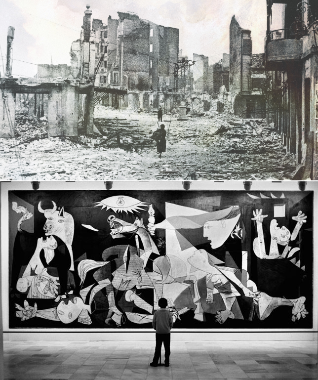 Foto da destruição, justaposta à foto de uma criança olhando o mural Guernica, de Picasso.