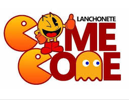 Logotipo da lanchonete Come Come, com personagens do jogo Pac-Man