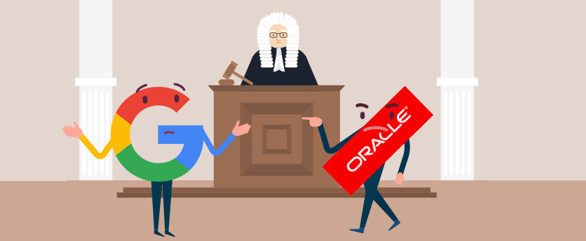 Visão artística dos logotipos do Google e da Oracle se confrontando em um tribunal.
