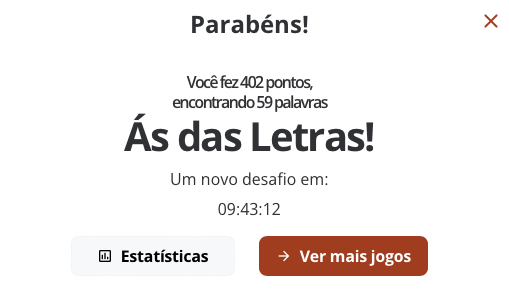 Banner de resultado do jogo Soletra dizendo:<br><br>Parabéns!<br>Você fez 402 pontos, encontrando 59 palavras<br>Ás das Letras!