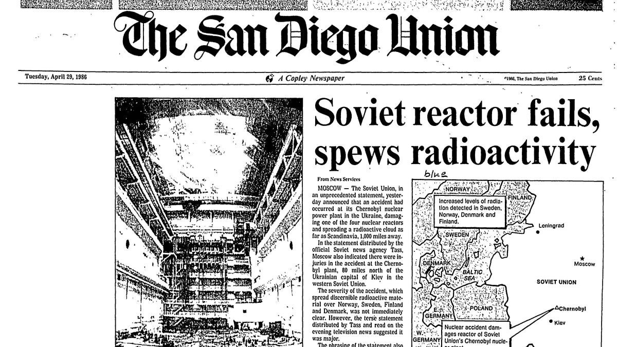 Manchete da primeira rodada de notícias sobre o acidente nuclear, a princípio falando em dificuldade de discernir sua severidade, a partir do comunicado oficial soviético.