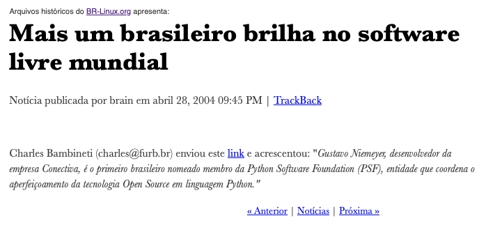 Nota do BR-Linux com o texto: Gustavo Niemeyer, desenvolvedor da empresa Conectiva, é o primeiro brasileiro nomeado membro da Python Software Foundation (PSF), entidade que coordena o aperfeiçoamento da tecnologia Open Source em linguagem