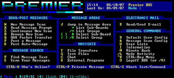 Tela de um BBS moderno, ainda em modo texto