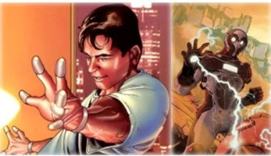 Ilustrações mostrando Ezekiel Stane, o personagem descrito como sendo o representante do Código Aberto – com e sem a armadura.