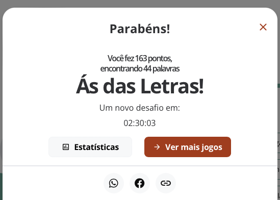 Banner de resultado do Soletra dizendo: <br><br>Parabéns!<br>Você fez 163 pontos, encontrando 44 palavras<br>Ás das Letras!