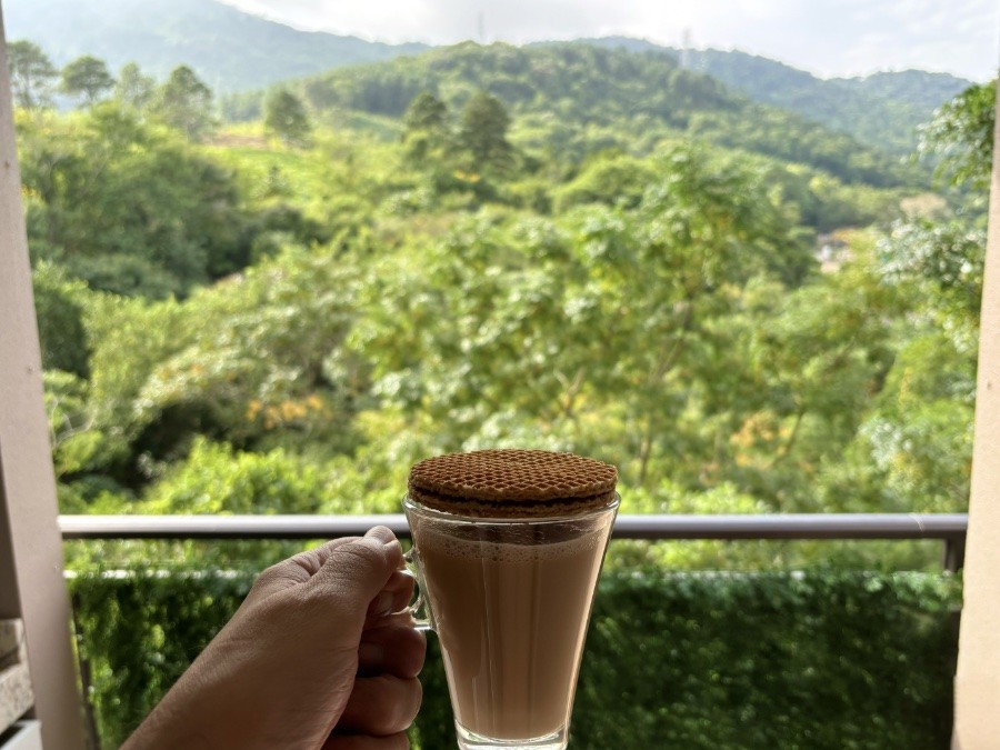 Foto da minha mão segurando uma xícara de café com leite, com dois biscoitos tipo stroopwafel tampando-a, com a mata e o morro ao fundo