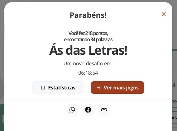 Banner de resultado do Soletra dizendo:<br><br>Parabéns!<br>Você fez 218 pontos, encontrando 34 palavras<br>Ás das Letras!