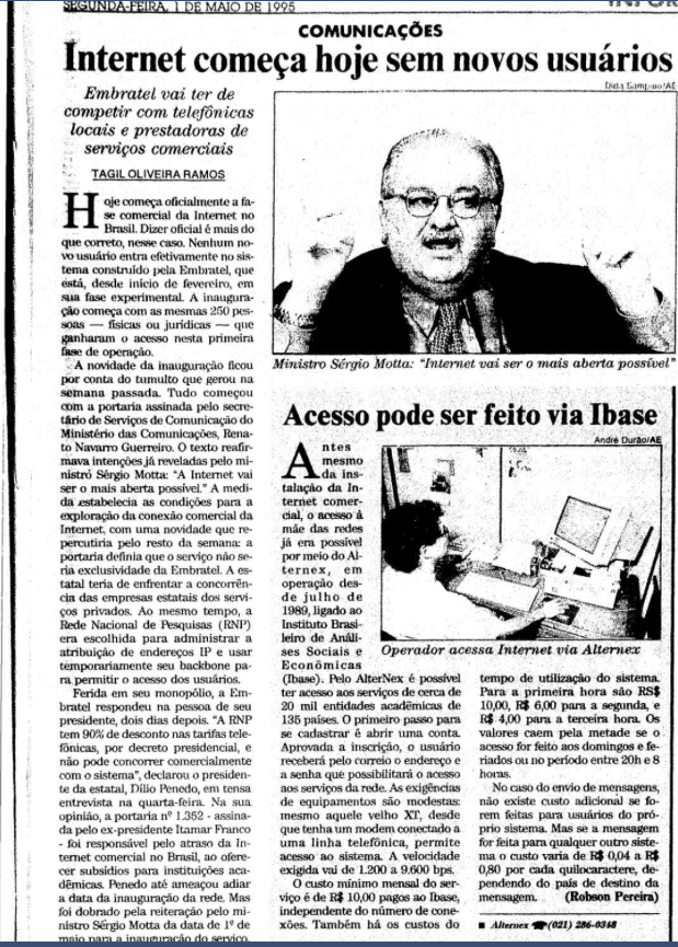 Matéria de jornal com o título: Internet começa hoje sem novos usuários - Embratel vai ter de competir com telefônicas locais e prestadoras de serviços comerciais.
