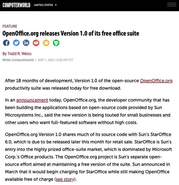 Matéria da ComputerWorld com o título “OpenOffice.org releases Version 1.0 of its free office suite“ e datada de 1/5/2002