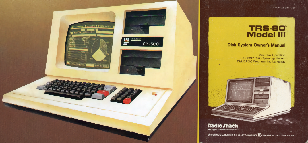 montagem de um CP 500 ao lado da foto da capa do manual do TRSDOS 1.3