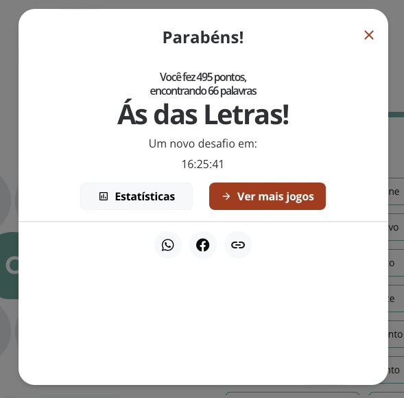 Banner de resultado do jogo Soletra com o texto:<br><br>Parabéns!<br>Você fez 495 pontos, encontrando 66 palavras<br>Ás das Letras!