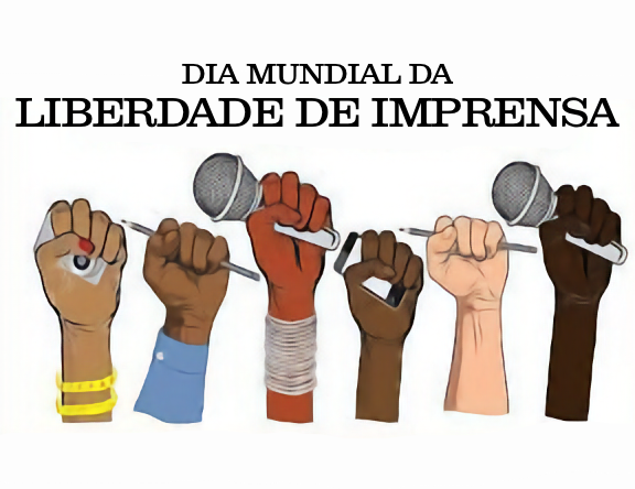 Banner do dia mundial da liberdade de imprensa, com 6 punhos de repórteres diversos, segurando seus instrumentos de trabalho