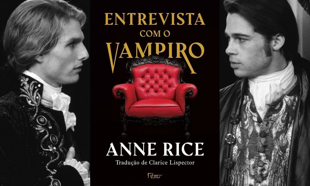 Montagem da capa do livro e de personagens do filme Entrevista com o Vampiro