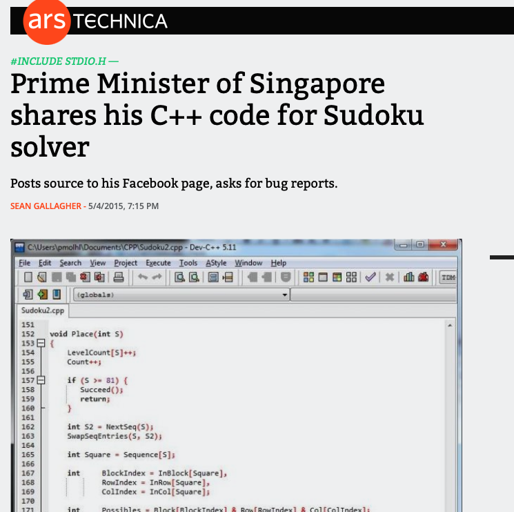 Print do cabeçalho de matéria do site ars technica com o título:<br>Prime Minister of Singapore shares his C++ code for Sudoku solver<br>Posts source to his Facebook page, asks for bug reports.