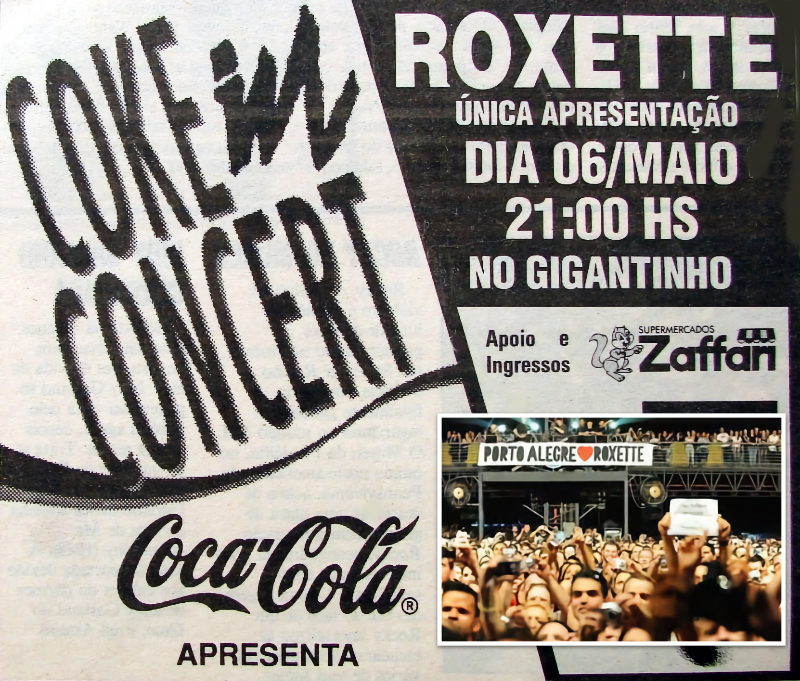 Flyer e foto da plateia do show, com faixa “Porto Alegre (coração) Roxette“