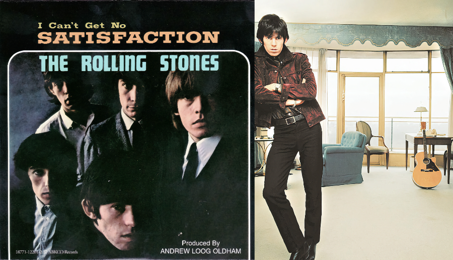 Montagem da capa de “Satisfaction“ e uma foto de Keith Richards com um violão acústico ao fundo