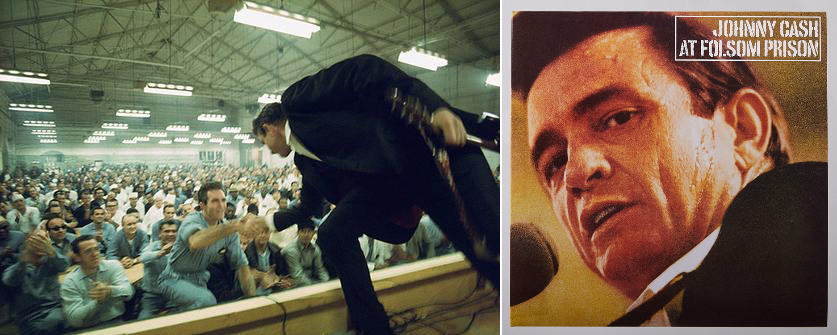 Montagem de uma foto do show, com Cash cumprimentando um integrante da plateia, e da capa do disco