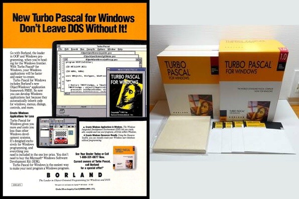 Anúncio e caixa do Turbo Pascal for Windows.