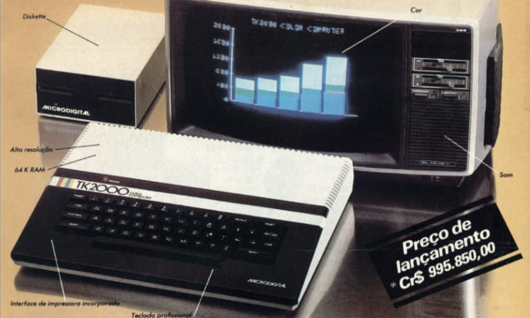 Um TK 2000 conectado a uma TV e a um drive de disquetes, em foto promocional.