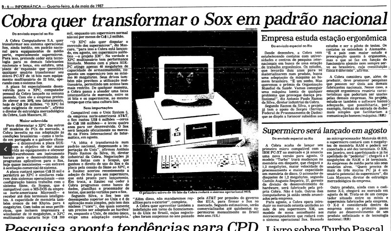 Matéria da Folha com foto de computador da Cobra e o título: Cobra quer transformar o Sox em padrão nacional.