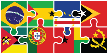 Montagem artística com as bandeiras de países falantes de português, formando um quebra-cabeças bem encaixado.