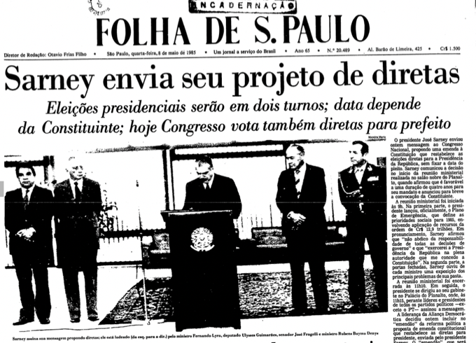 Capa da Folha com a manchete: Sarney envia seu projeto de diretas - Eleições presidenciais serão em dois turnos