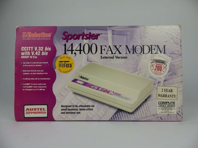 Foto da caixa de um modem US Robotics Sportster de 14400 bps.