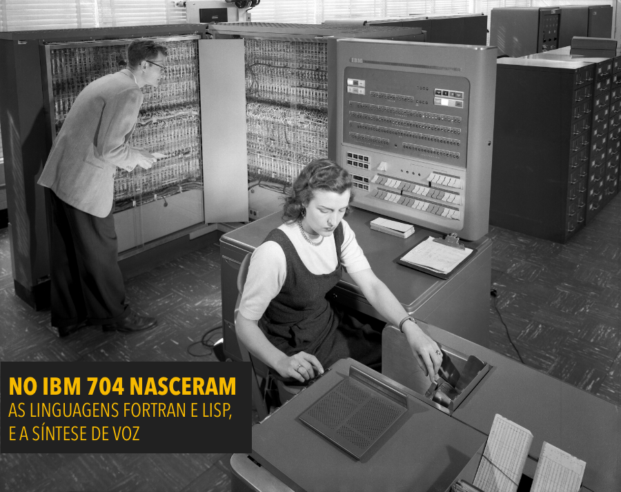 Operadora junto ao painel de chaves, com um técnico logo atrás, e a legenda:<br>NO IBM 704 NASCERAM AS LINGUAGENS FORTRAN E LISP, E A SÍNTESE DE VOZ