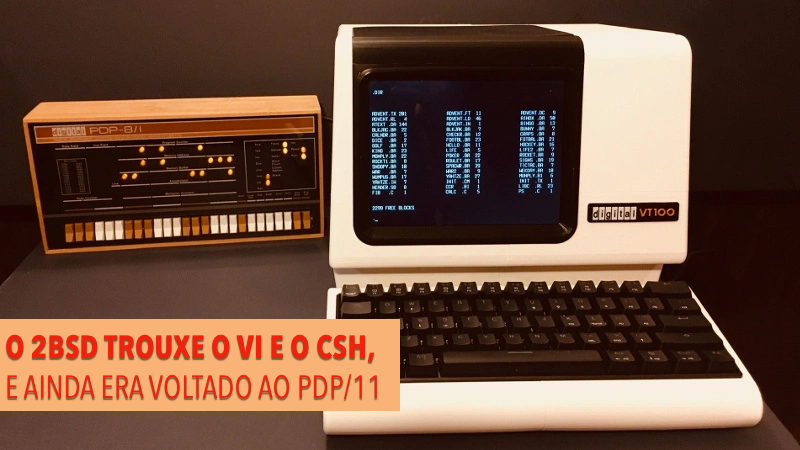Foto de um terminal VT100 e de um PDP/11 ao fundo, com a legenda:<br>O 2BSD TROUXE O VI E O CSH, E AINDA ERA VOLTADO AO PDP/11